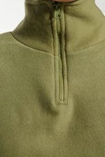 Trendyol Khaki Parachute Detail Polo Collar Zippered Stopper Fleece Crop Knitted Sweatshirt