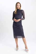 DEFACTO Straight Fit Half Turtleneck Polka Dot Tulle Midi Long Sleeve Dress