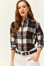 Olalook Women's Black Ecru Camel Plaid Lumberjack Shirt