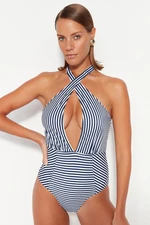 Trendyol Striped Deep-Chocolate Regular Leg Swimsuit