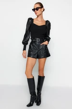 Trendyol Black Faux Leather Detailed Knitwear Sweater