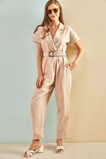 Bianco Lucci Women's Belted Thin Gabardine Jumpsuit 20162