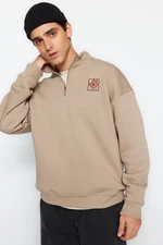 Trendyol Mink Men's Oversize Zipper Stand-Up Collar with Embroidery Detail, Soft Pillow inside Cotton Sweatshirt.