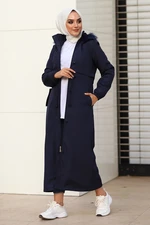 InStyle Women's Navy Blue 2204 Long Coat with Front Pocket Flap