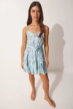 Happiness İstanbul Women's Blue Patterned Viscose Flare Strap Dress