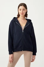 LOS OJOS Women's Navy Blue Hooded Oversized Rayon Zipper Knitted Sweatshirt.