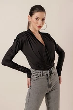 By Saygı Double-breasted Collar Blouse With Pleats, Waistband and Snap Button Black