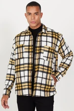 AC&Co / Altınyıldız Classics Men's Mustard-black Oversize Wide Cut Buttoned Collar Pocket Checkered Lumberjack Winter Shirt Jacket