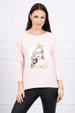 Blouse with graphics of a girl in glasses 3D powder pink