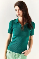 Olalook Women's Emerald Green Polo Neck Corduroy Sweater Blouse