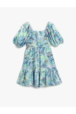 Koton Patterned Midi Dress with Balloon Sleeves and Ruffles