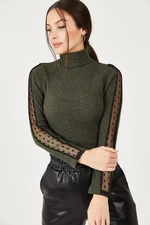 armonika Women's Khaki Neck Sleeves Lace Detailed Knitwear Sweater