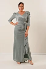 By Saygı Three Quarter-Centural Voluminous Sleeves Lined Long Evening Dress, Plus Size.