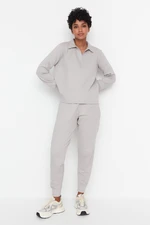 Trendyol Gray Regular/Normal Fit Polo Collar, Thin, Knitted Tracksuit Set