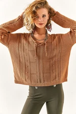 Olalook Women's Brown Lace Detailed Knitwear Blouse with Openwork