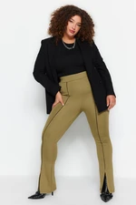 Trendyol Curve Light Khaki Knitted Leggings with Rib Stitch Detail and Slits.