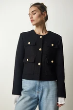 Happiness İstanbul Women's Black Stylish Buttoned Woven Tweed Jacket