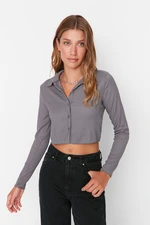 Trendyol Gray Knitted Blouse with Buttons/Fitted Polo Neck Creme/Textured Crop