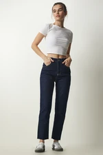 Happiness İstanbul Women's Navy Blue High Waist Denim Trousers