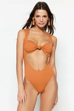 Trendyol Brown Strapless Knotted High Leg Swimsuit