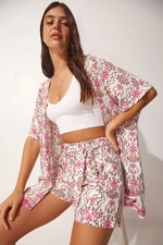 Happiness İstanbul Women's Pink Patterned Viscose Kimono Shorts Set