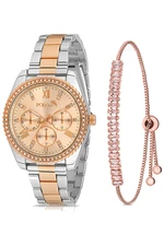 Polo Air Luxury Stone Detailed Women's Wristwatch and Zircon Stone Baguette Bracelet Combination Silver Copper Color