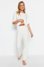 Trendyol Ecru Printed Elastic Detailed Ribbed Cotton T-shirt-Pants Knitted Pajamas