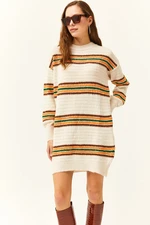 Olalook Women's Stone Color Striped Soft Textured Knitwear Tunic Dress