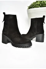 Fox Shoes R654006502 Black Genuine Leather and Suede Women's Boots with Thick Heels