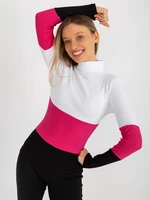 Cotton blouse with ecru-fuchsia basic ribbed turtleneck