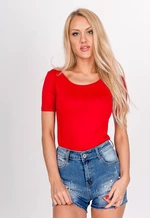 Monochrome women's T-shirt with a neckline on the back - red,