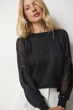 Happiness İstanbul Women's Black Transparent Sleeve Detail Glittery Knitwear Sweater