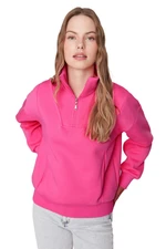 Trendyol Pink Oversize/Wide Fit Zippered Stand Collar Thick Inside Fleece Knitted Sweatshirt