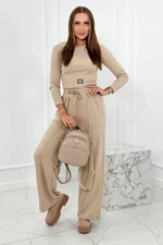 Cotton set ribbed blouse + trousers light beige