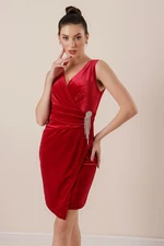 By Saygı Red Short, Sleeveless Velvet Dress With Smocked Stone Accessorie at the Waist