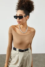 XHAN Women's Beige Boat Collar Crop Camisole Blouse