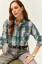 Olalook Women's Indigo Emerald Single Pocket Plaid Lumberjack Shirt