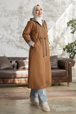 InStyle Burgundy Striped Pattern Long Trench Coat - Tan