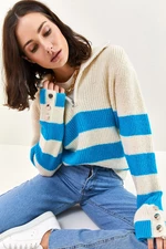 Bianco Lucci Women's Zippered Turtleneck Thick Striped Knitwear Sweater with Buttons on the Sleeves.