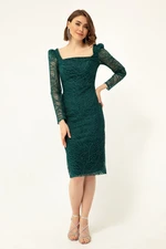 Lafaba Women's Emerald Green Square Collar Glittery Midi Evening Dress.