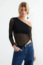 Trendyol Black Asymmetric Tulle Back Sheer Knitted Blouse