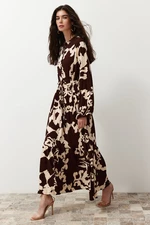 Trendyol Brown Big Flower Patterned Crinkle Woven Dress