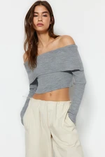 Trendyol Light Gray Super Crop Carmen Collar Knitwear Sweater