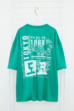 Trendyol Plus Size Green Oversize/Wide Cut Comfortable Far East Printed 100% Cotton T-Shirt