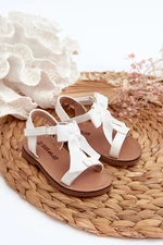 Patent leather children's sandals with Velcro bow, white Joratia