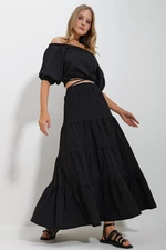 Trend Alaçatı Stili Women's Black Madonna Collar Crop Blouse Gathered Inner Lined Skirt Poplin Suit