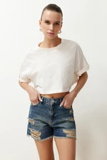 Trendyol Blue Ripped Denim Shorts & Bermuda