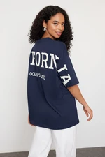 Trendyol Navy Blue 100% Cotton Back Slogan Printed Oversize/Wide Pattern Knitted T-Shirt