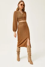 Olalook Women's Camel Slit Skirt Knitted Suit