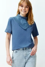 Trendyol Indigo Embroidered High Neck Basic Fit Cotton Knitted Blouse